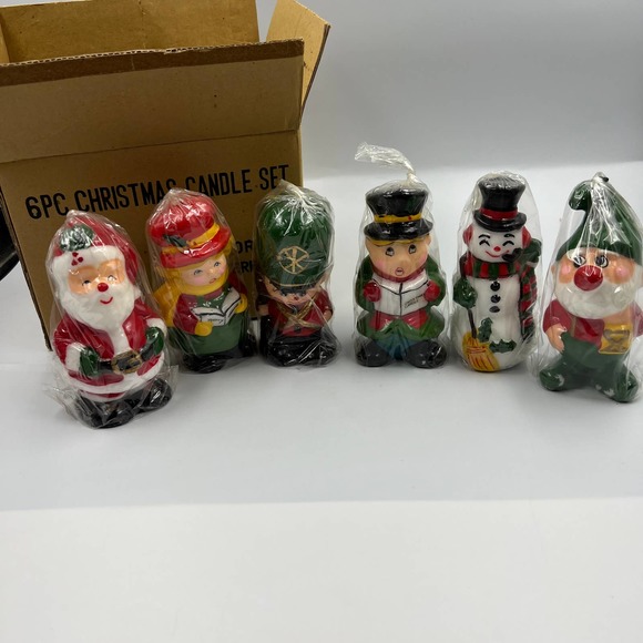 Vintage Kitsch 6 Wax Candle Christmas Figures Santa Carolers Elf Toy Soldier - Picture 1 of 7